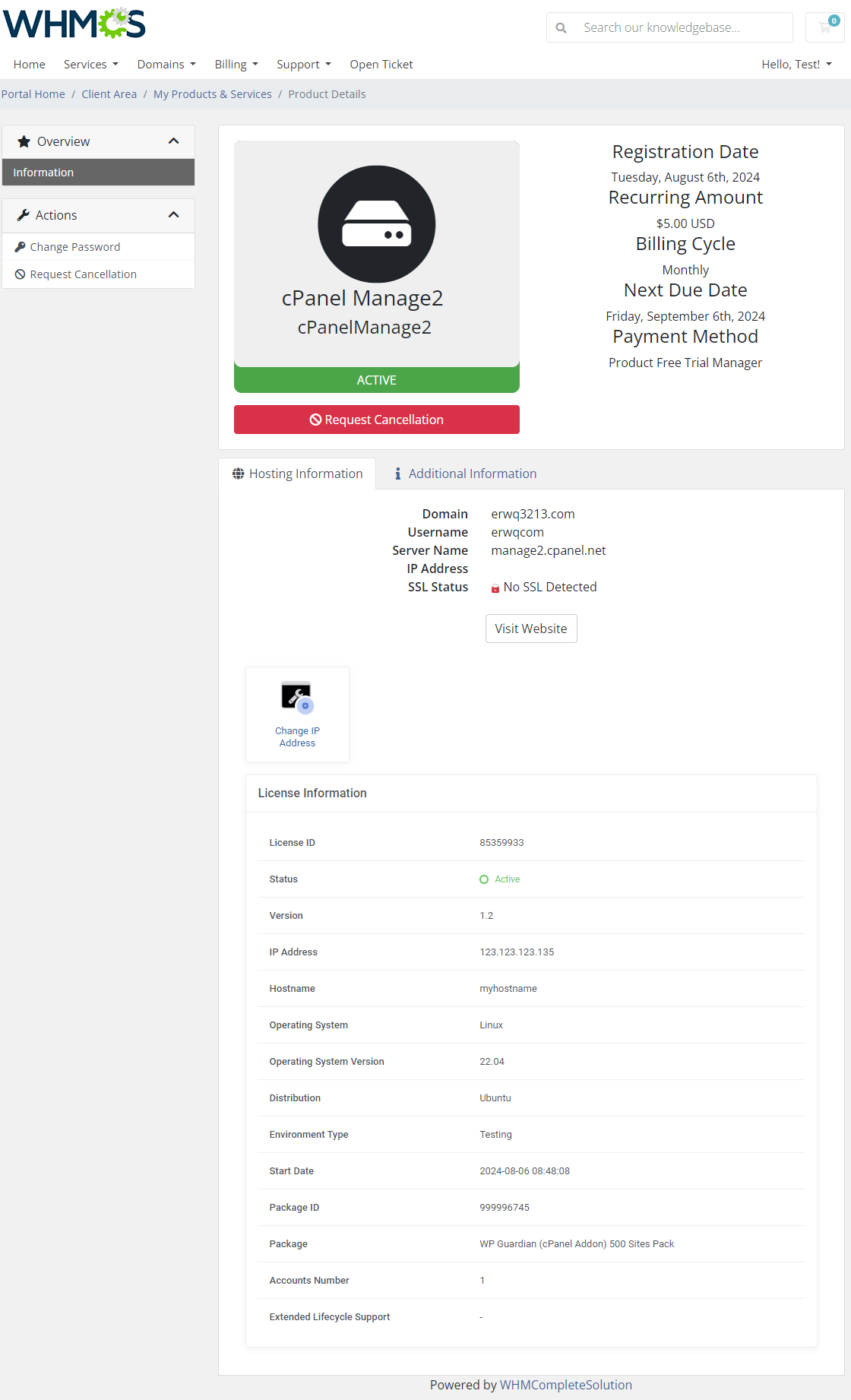 CPanel Manage2 For WHMCS: the WHMCS client area product page with the Change IP Address button and license data