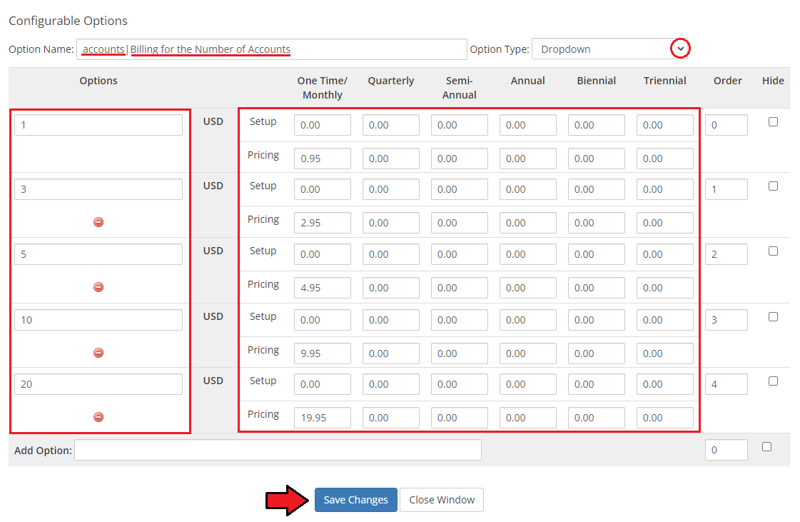 CPanel Manage2 For WHMCS: the WHMCS configurable option window with the accounts dropdown, option values and pricing