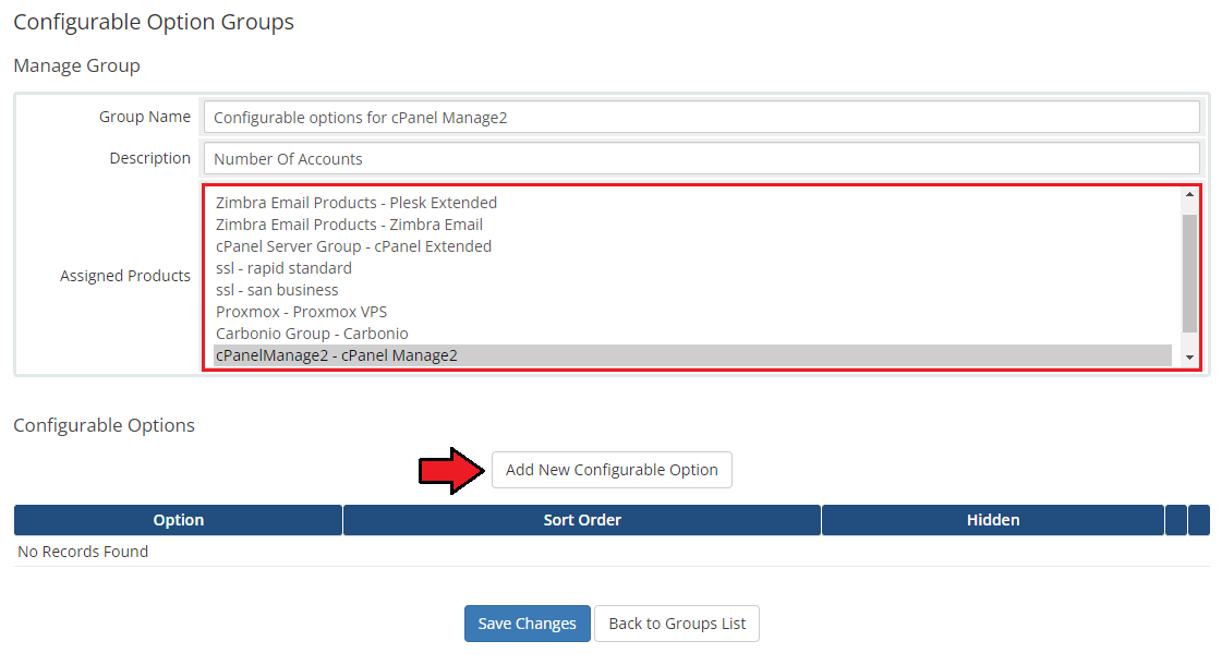CPanel Manage2 For WHMCS: the WHMCS Configurable Option Groups form with the assigned product and Add New Configurable