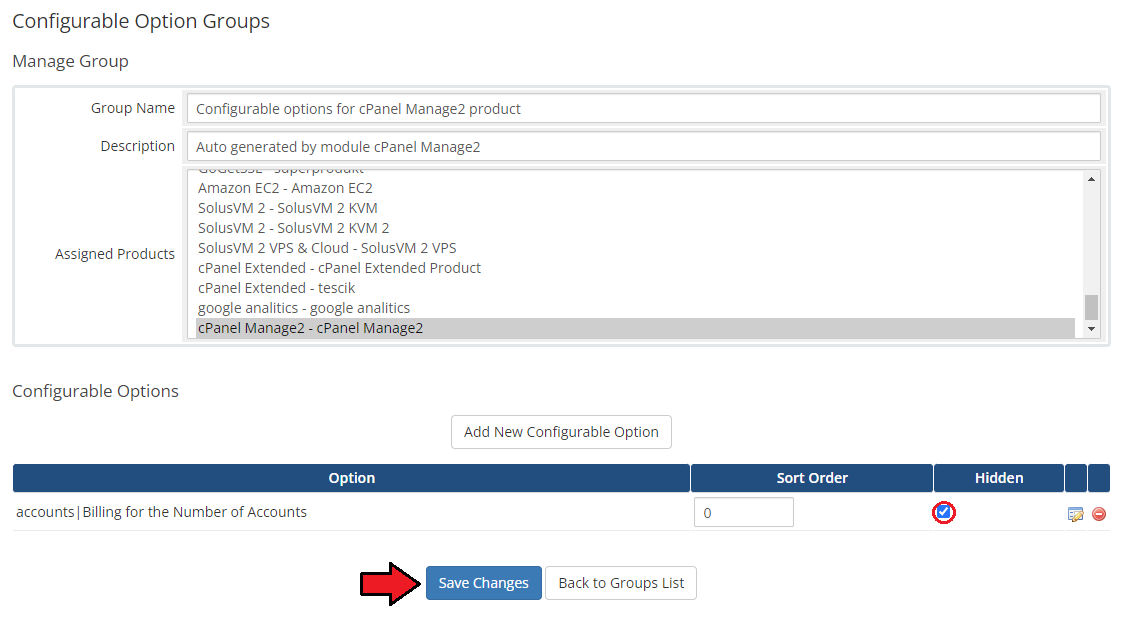 CPanel Manage2 For WHMCS: the WHMCS configurable option group with the accounts option marked as hidden