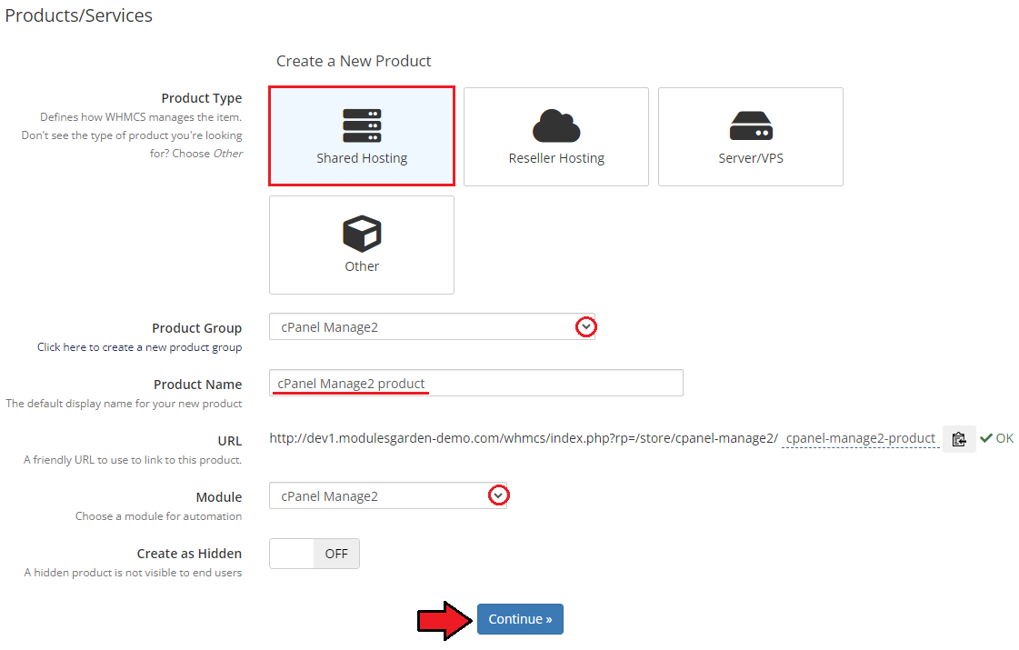 CPanel Manage2 For WHMCS: the WHMCS Create a New Product form with Shared Hosting, product group, name and module