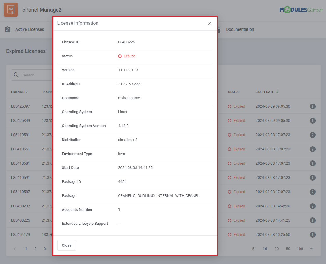 CPanel Manage2 For WHMCS: the Expired Licenses page with the License Information dialog showing the license details