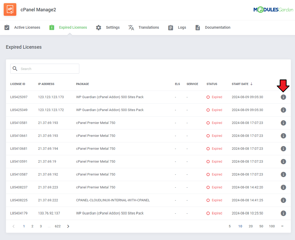 CPanel Manage2 For WHMCS: the module's Expired Licenses page with the license list and the details button highlighted