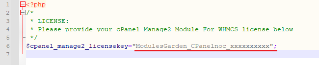 CPanel Manage2 For WHMCS: the license.php file in a text editor with the license key between quotation marks