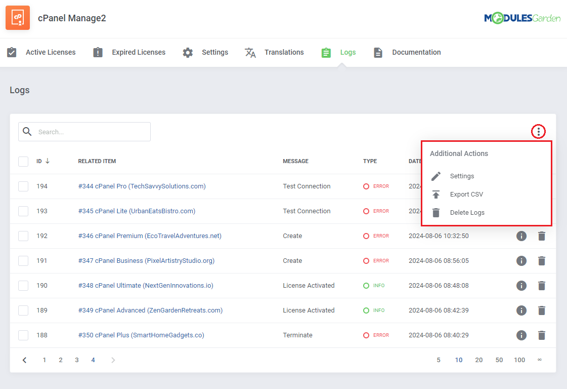 CPanel Manage2 For WHMCS: the module's Logs page with the Additional Actions menu: Settings, Export CSV and Delete Logs