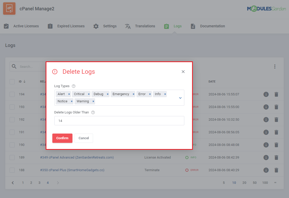 CPanel Manage2 For WHMCS: the Logs Delete Logs dialog with log types and the Delete Logs Older Than field