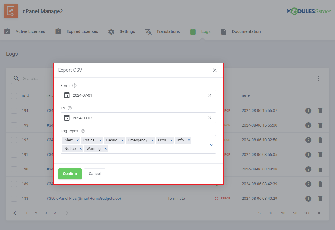 CPanel Manage2 For WHMCS: the Logs Export CSV dialog with From and To dates and log types