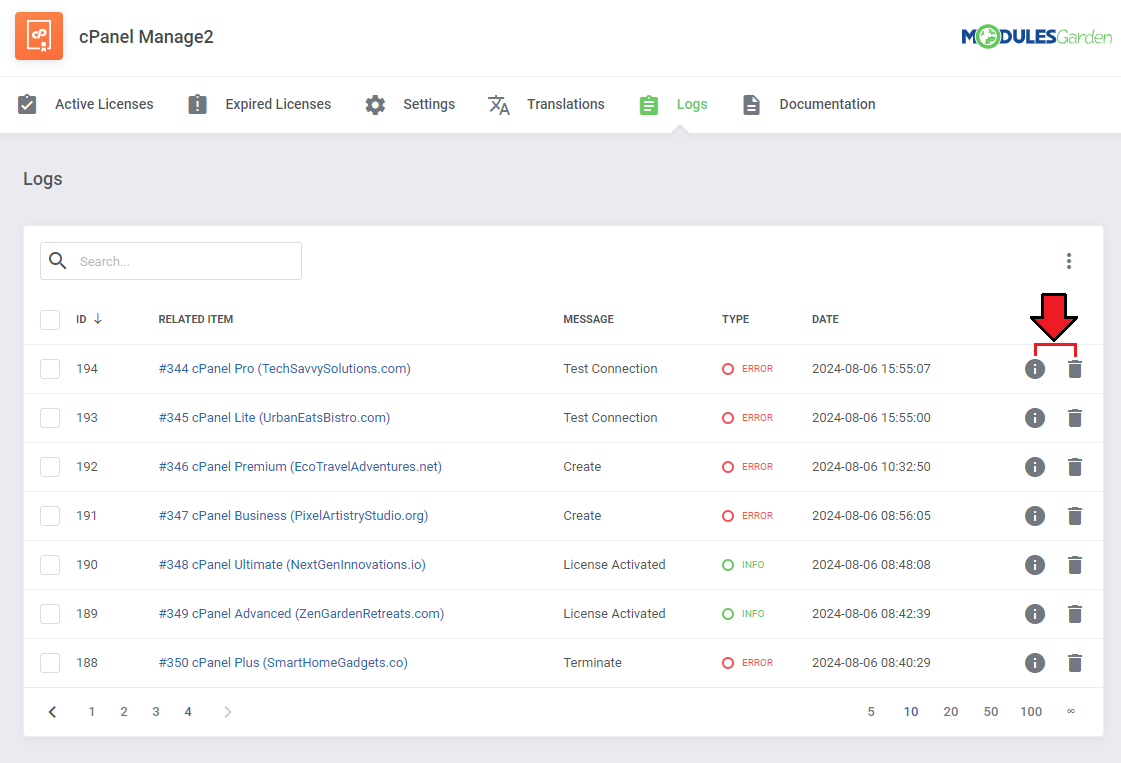 CPanel Manage2 For WHMCS: the module's Logs page with the log table and the details and delete action buttons