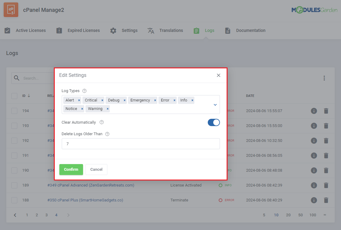 CPanel Manage2 For WHMCS: the Logs Edit Settings dialog with log types, Clear Automatically and Delete Logs Older Than