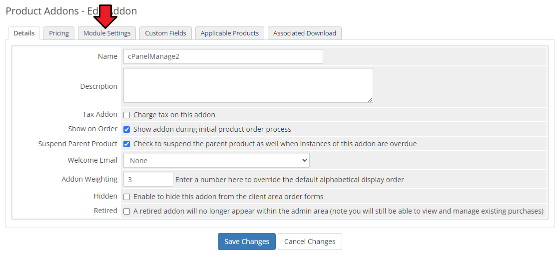 CPanel Manage2 For WHMCS: the WHMCS Product Addons Edit Addon Details tab with the Module Settings tab highlighted