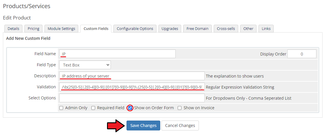 CPanel Manage2 For WHMCS: the WHMCS product Custom Fields tab with an IP field, description and validation expression