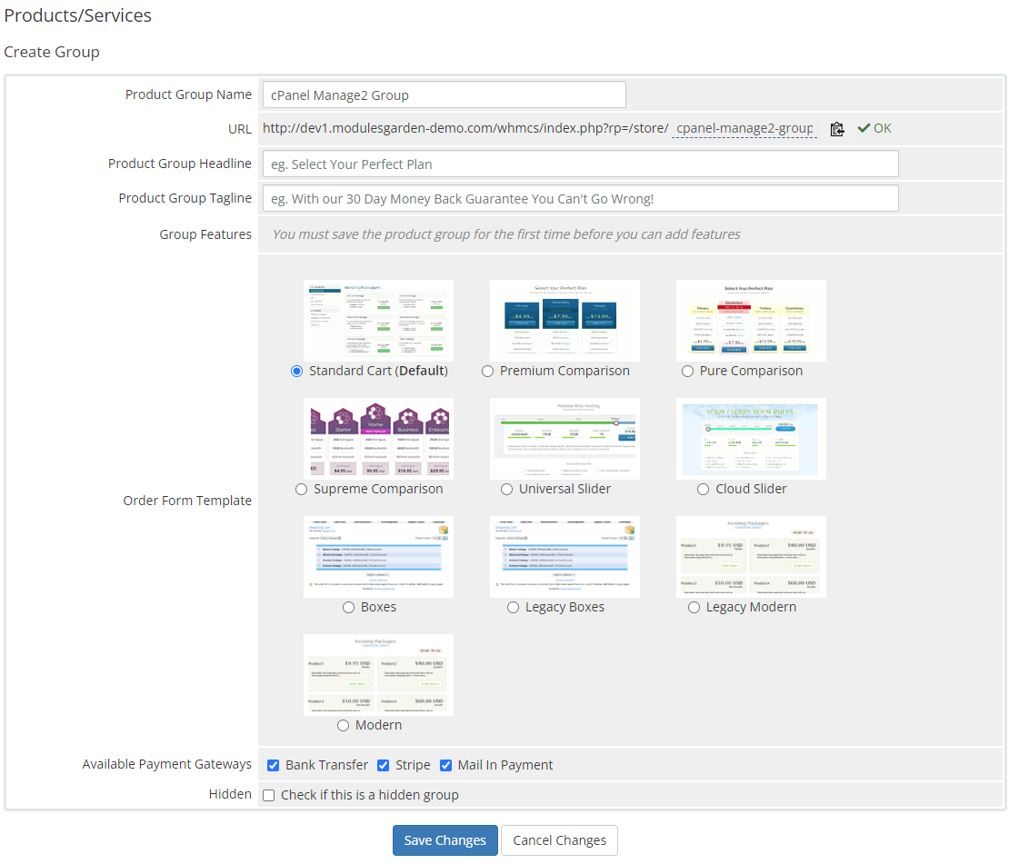 CPanel Manage2 For WHMCS: the WHMCS Create Group form with the product group name and the Save Changes button