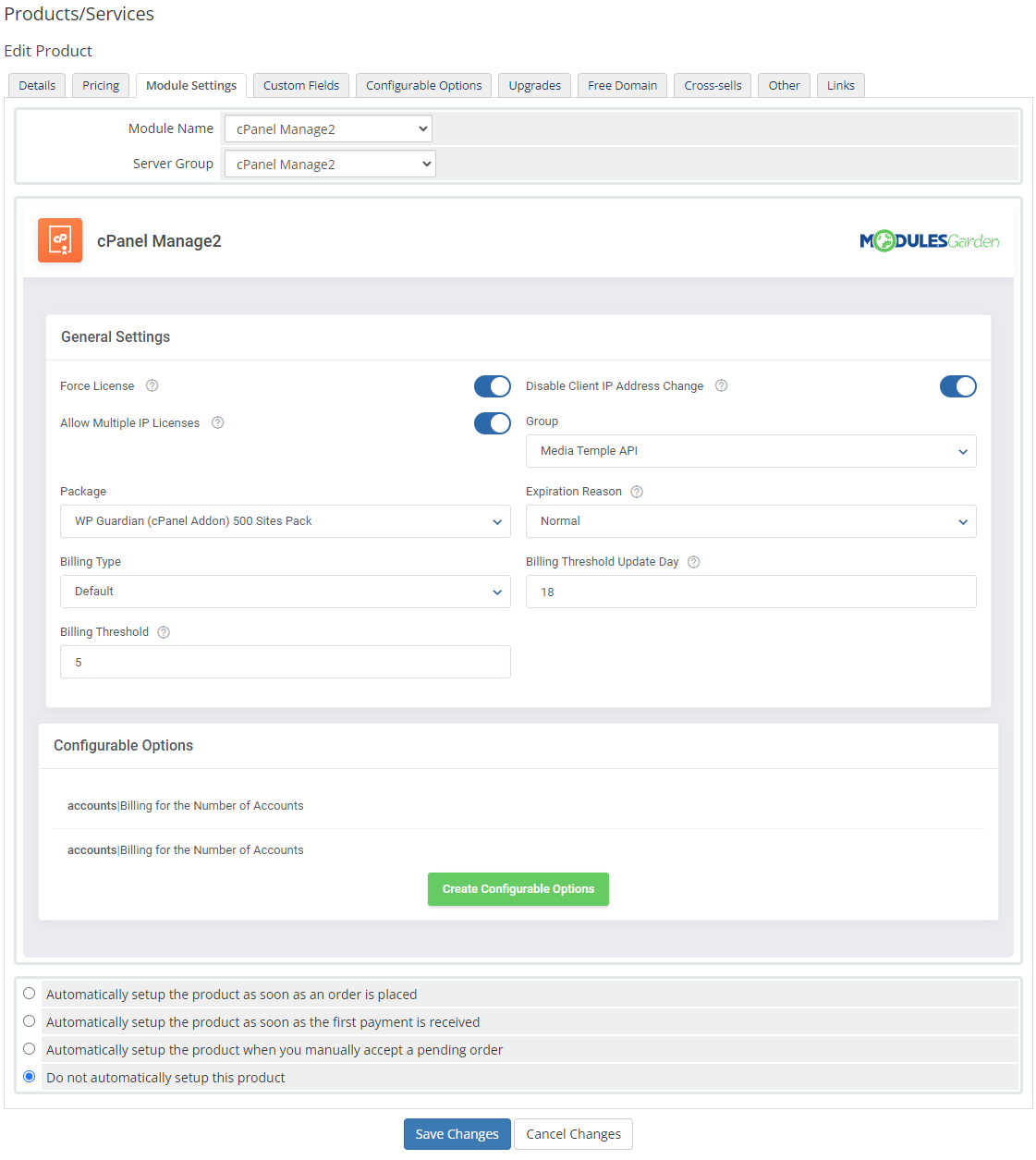 CPanel Manage2 For WHMCS: the WHMCS product Module Settings tab with the module's General Settings and configurable