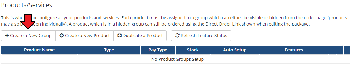 CPanel Manage2 For WHMCS: the WHMCS Products/Services page with the Create a New Group button highlighted