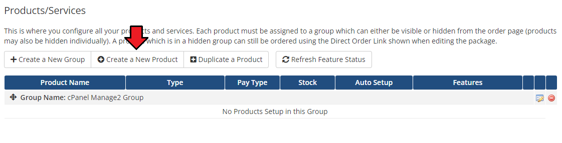 CPanel Manage2 For WHMCS: the WHMCS Products/Services page with a product group and the Create a New Product button
