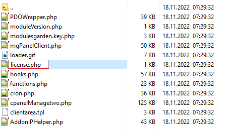 CPanel Manage2 For WHMCS: the module folder in a file manager with licenseRENAME.php renamed to license.php