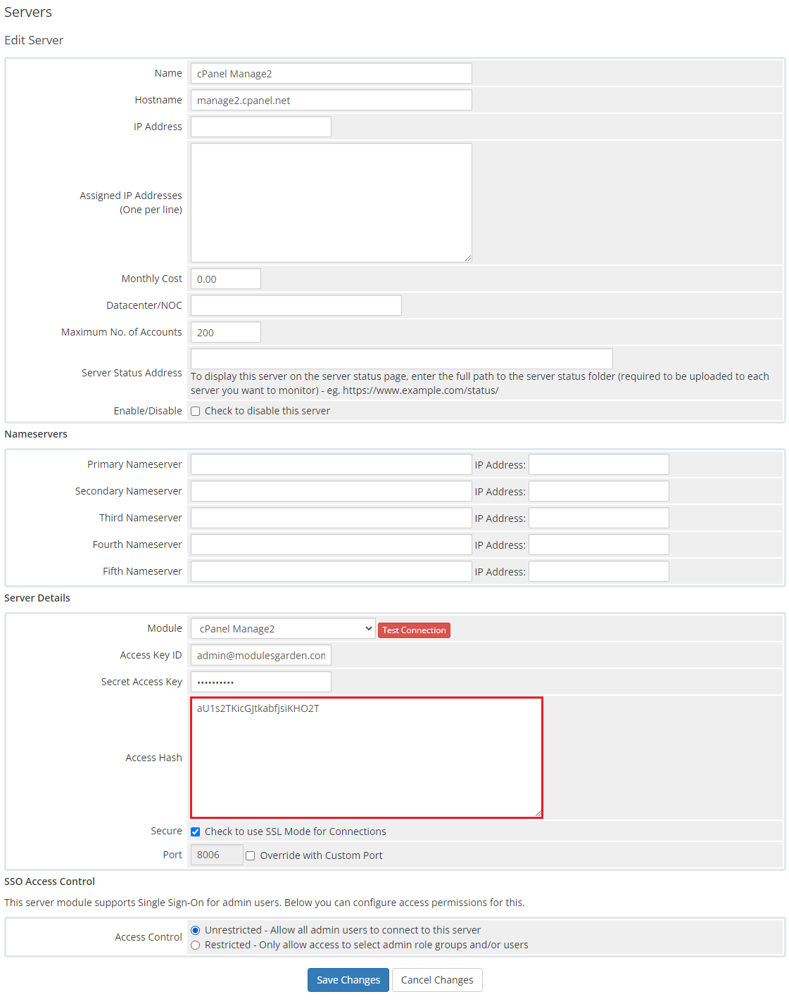 CPanel Manage2 For WHMCS: the WHMCS Edit Server form with the API token pasted into the Access Hash field