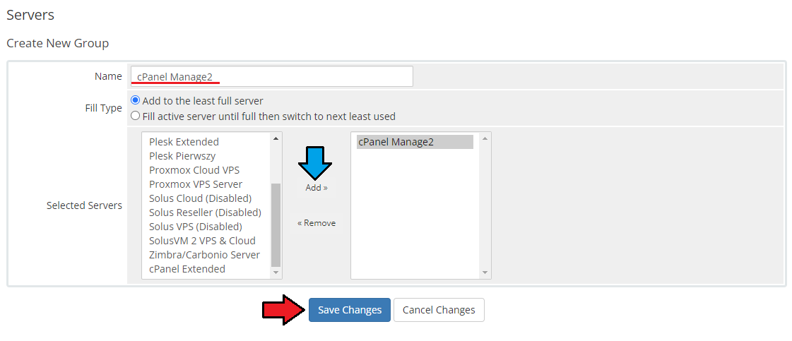 CPanel Manage2 For WHMCS: the WHMCS Create New Group form with a group name and the cPanel Manage2 server added