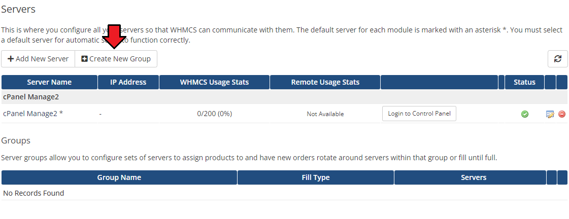 CPanel Manage2 For WHMCS: the WHMCS Servers list with the new cPanel Manage2 server and the Create New Group button