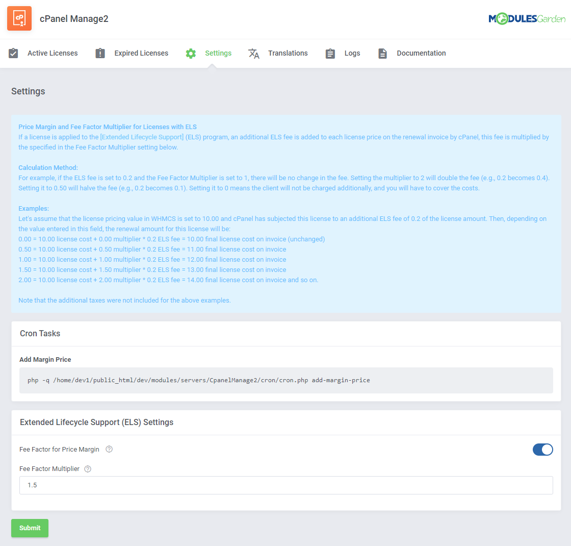 CPanel Manage2 For WHMCS: the module's Settings page with the ELS price margin note, cron task and Fee Factor field