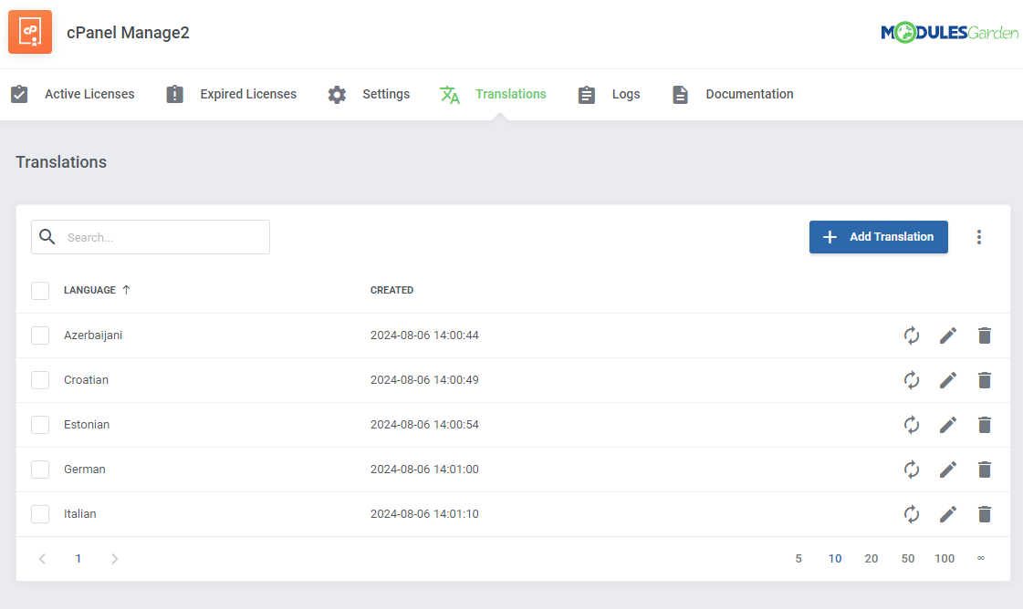CPanel Manage2 For WHMCS: the module's Translations page with the language list and the Add Translation button