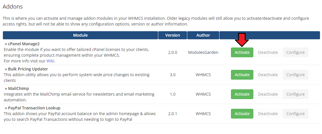 CPanel Manage2 For WHMCS: the WHMCS Addon Modules list with the Activate button next to cPanel Manage2