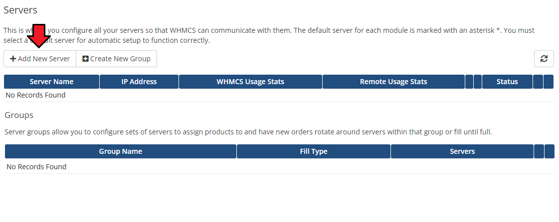 CPanel Manage2 For WHMCS: the WHMCS Servers page with no records and the Add New Server button highlighted