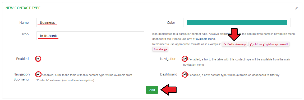 CRM For WHMCS: New Contact Type form filled with the Business name and fa fa-bank icon, with the Add button