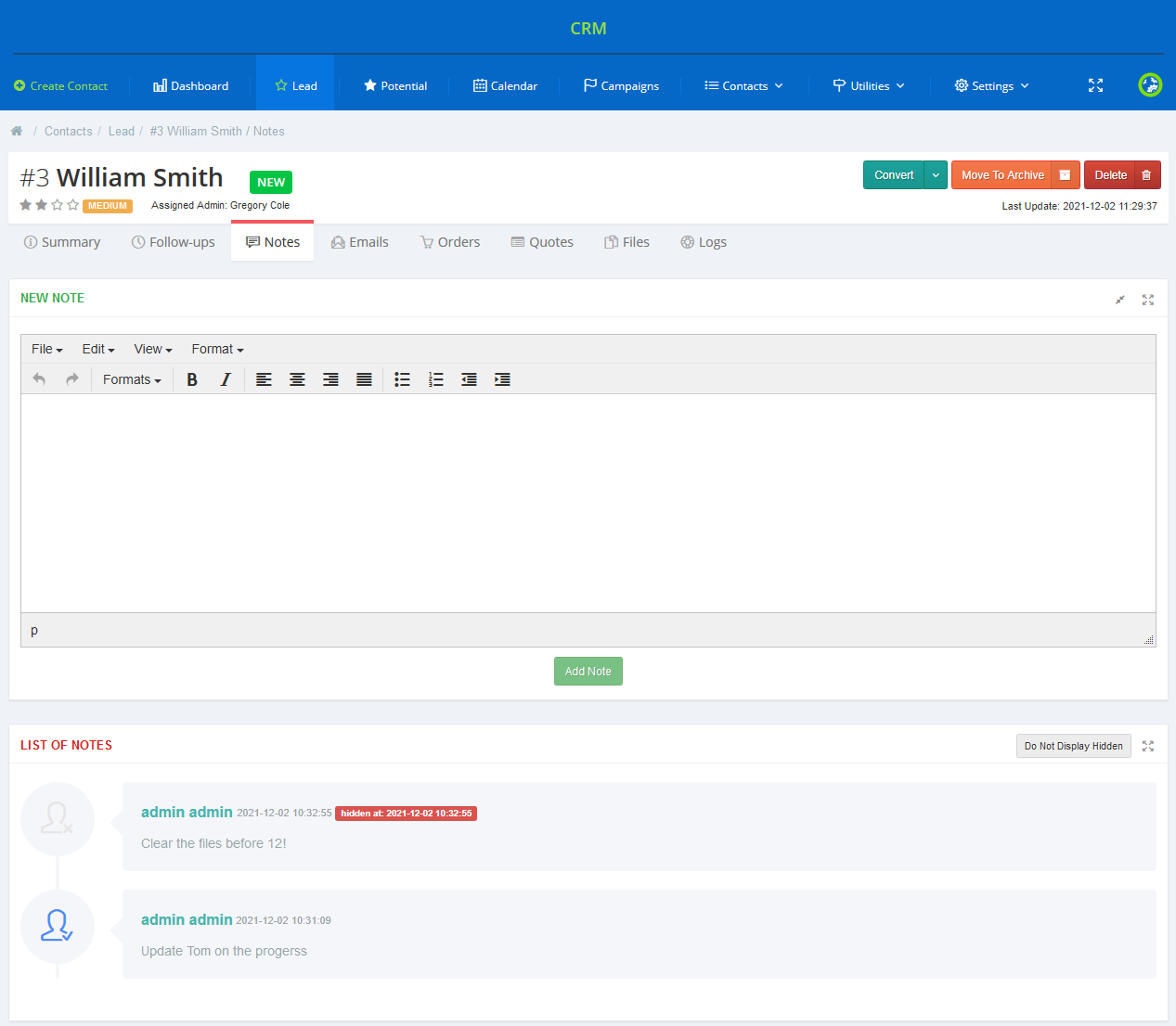 CRM For WHMCS: Notes tab of a contact with the new note editor, Add Note button and list of notes