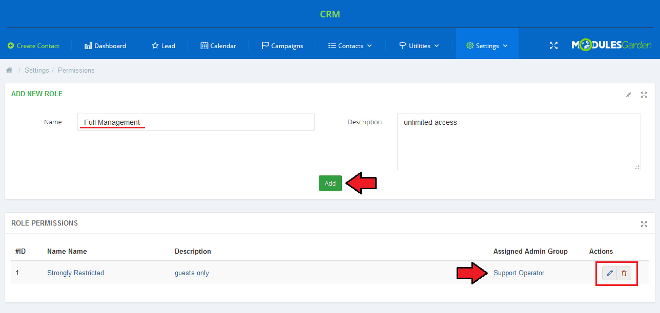 CRM For WHMCS: Permissions settings with the Add New Role form and the Role Permissions list with assigned admin group