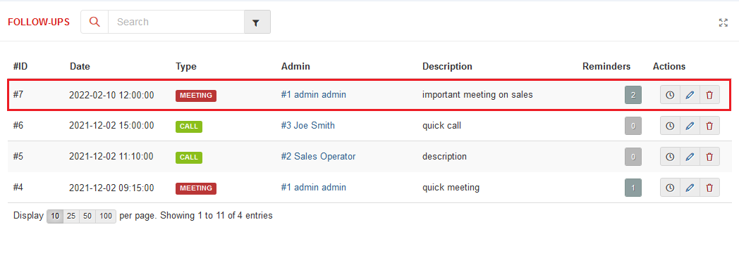 CRM For WHMCS: Follow-ups table of a contact with the newly added meeting follow-up highlighted