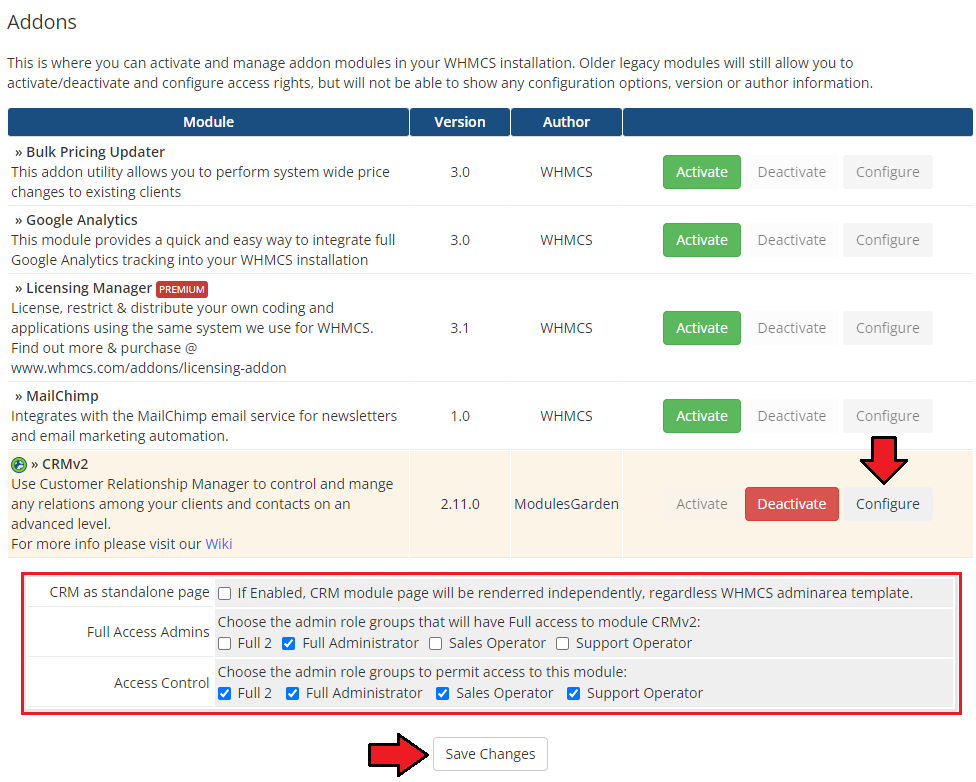 CRM For WHMCS: WHMCS Addon Modules configuration with CRMv2 standalone and admin role access options and Save Changes