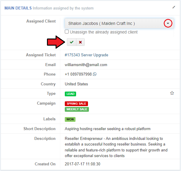 CRM For WHMCS: Main Details widget with the Assigned Client drop-down list and confirm and cancel buttons