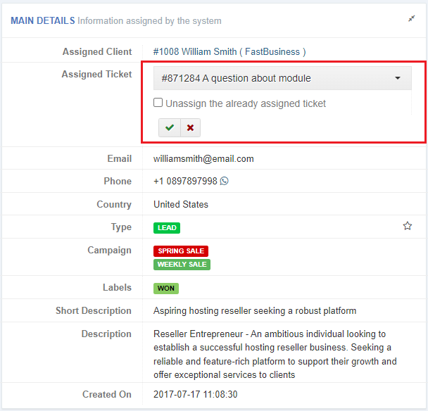 CRM For WHMCS: Main Details widget with the Assigned Ticket drop-down list and unassign option