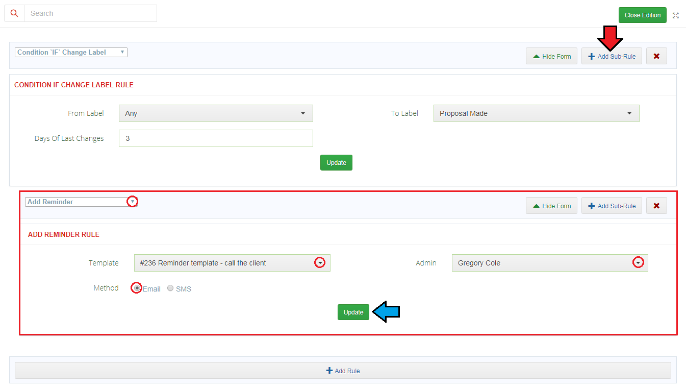 CRM For WHMCS: Automation Add Reminder sub-rule form with template, admin and Email or SMS method options
