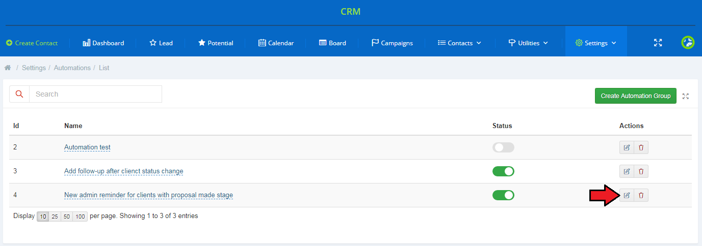 CRM For WHMCS: Automations list with the new automation group in the table and the Edit action button highlighted
