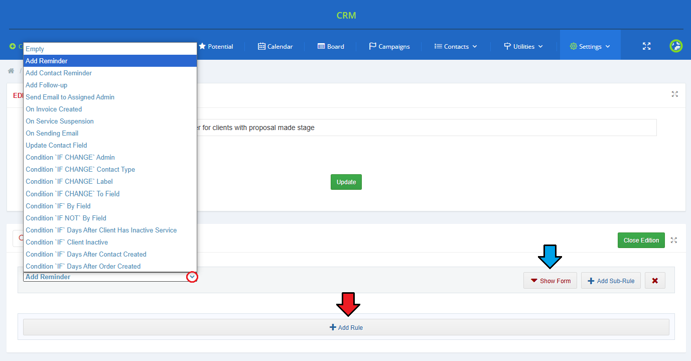 CRM For WHMCS: Automation rule editor with the condition and action dropdown, Show Form, Add Sub-Rule and Add Rule