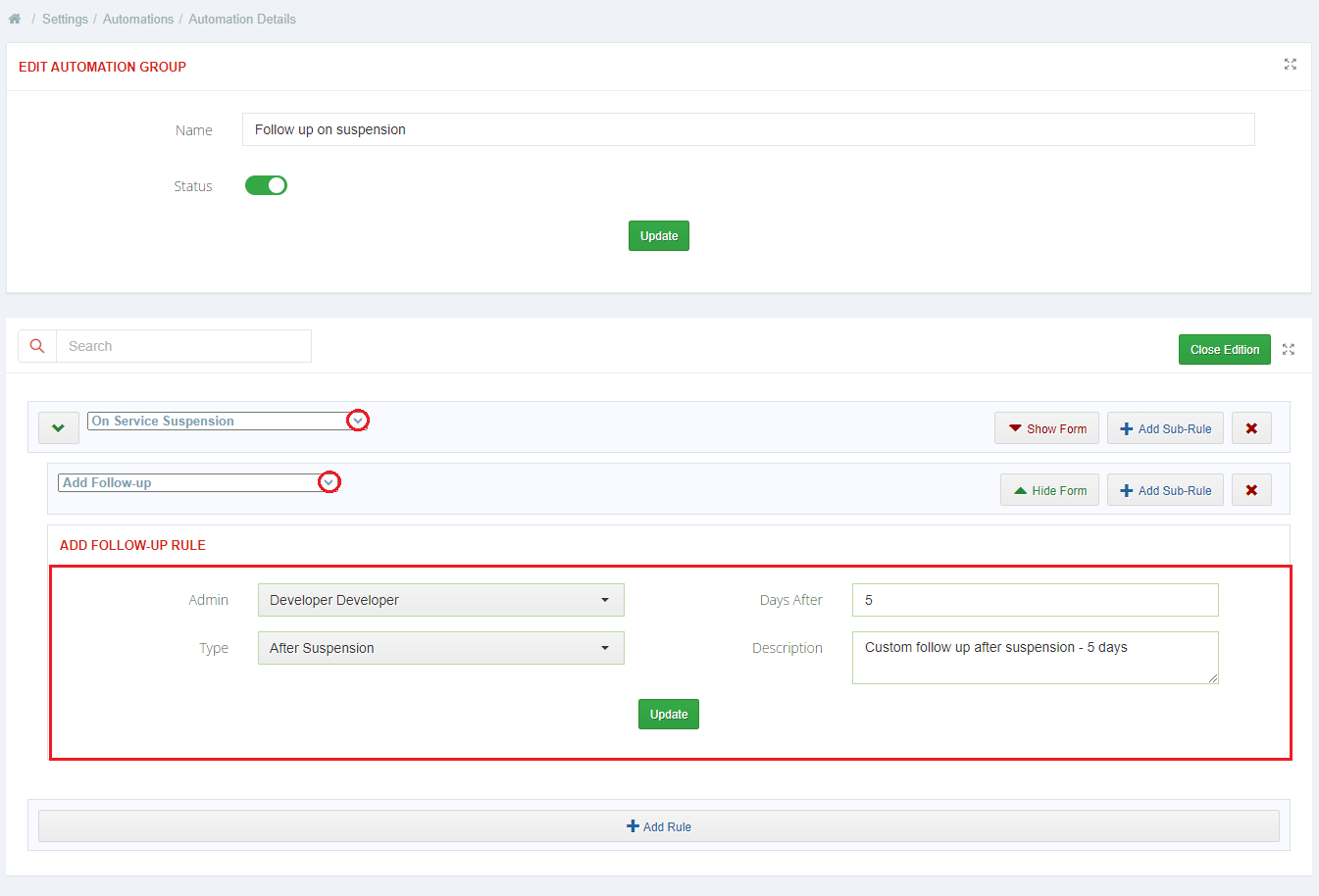 CRM For WHMCS: Automation group with the On Service Suspension condition and the Add Follow-up rule form with 5 days