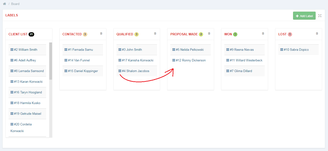 CRM For WHMCS: Board page with an arrow showing a contact card dragged from one label column to another