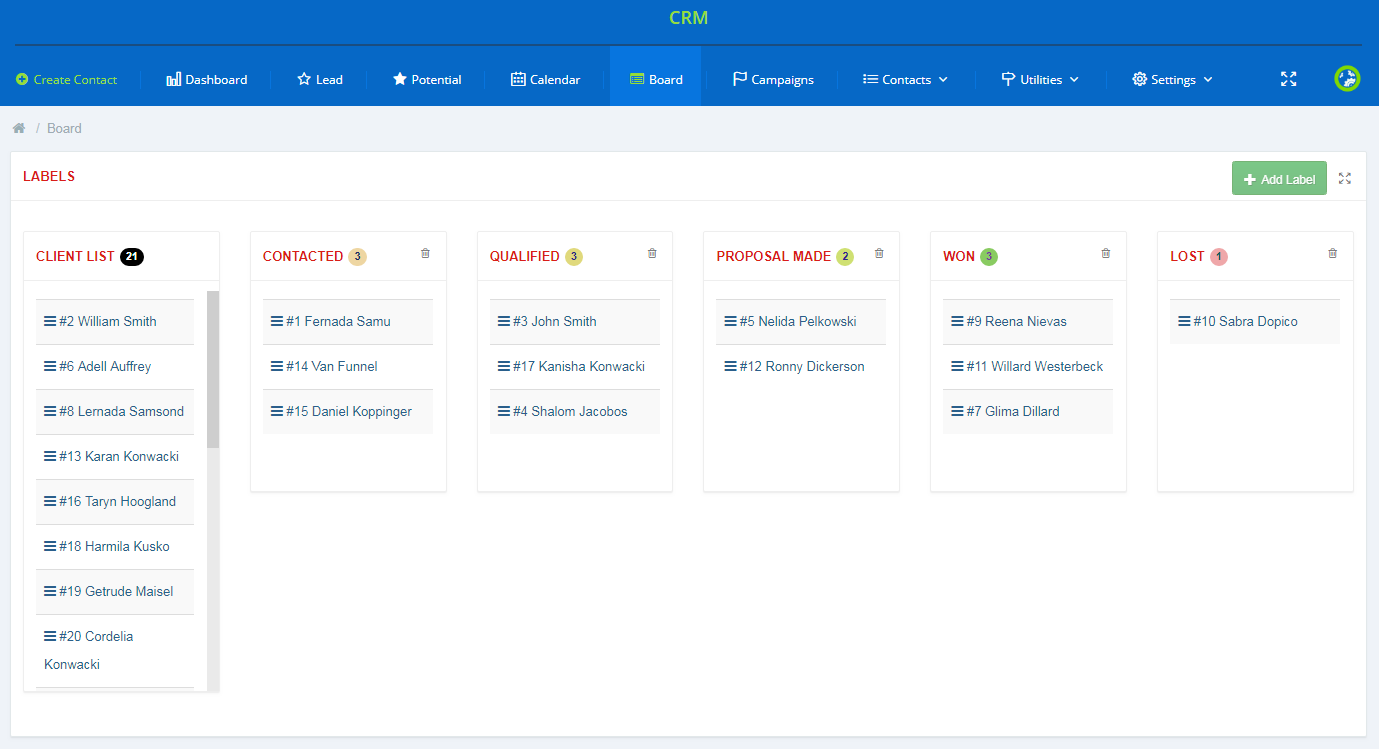 CRM For WHMCS: Board page with label columns such as Contacted, Qualified and Won holding contact cards