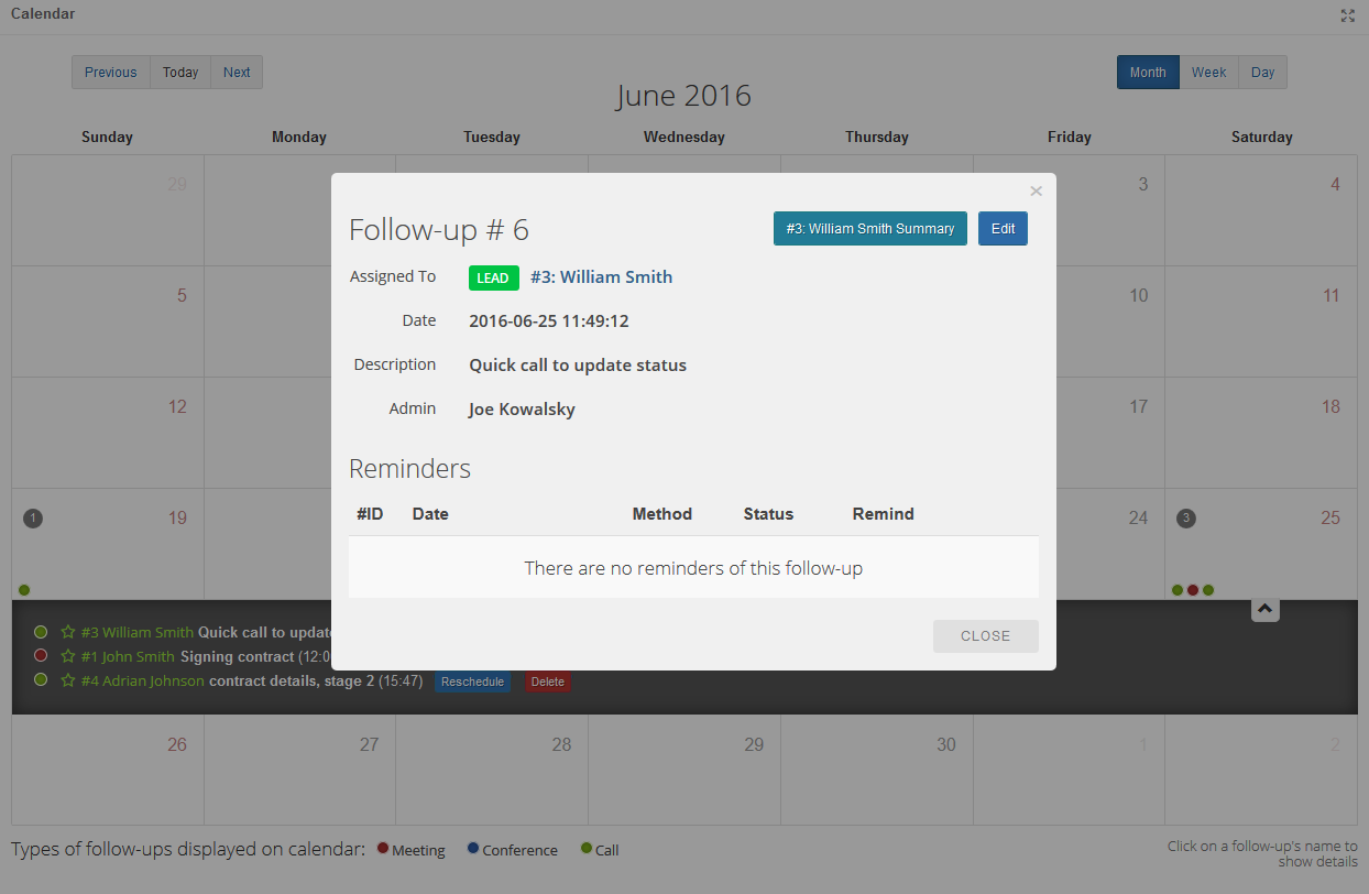 CRM For WHMCS: Follow-up details window over the calendar with the assigned contact, date, description and reminders