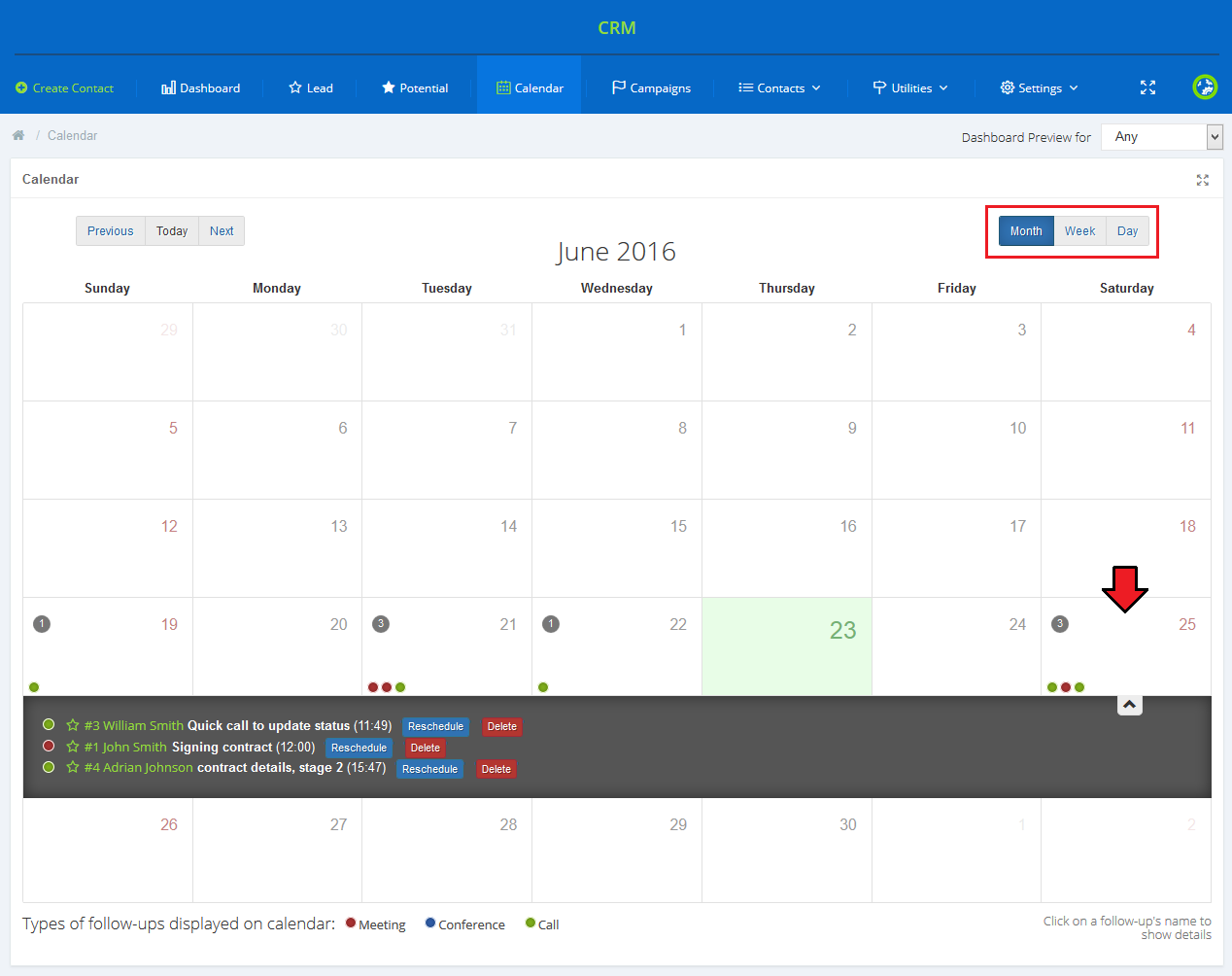CRM For WHMCS: Calendar page in month view with view switcher and follow-ups listed under a selected day