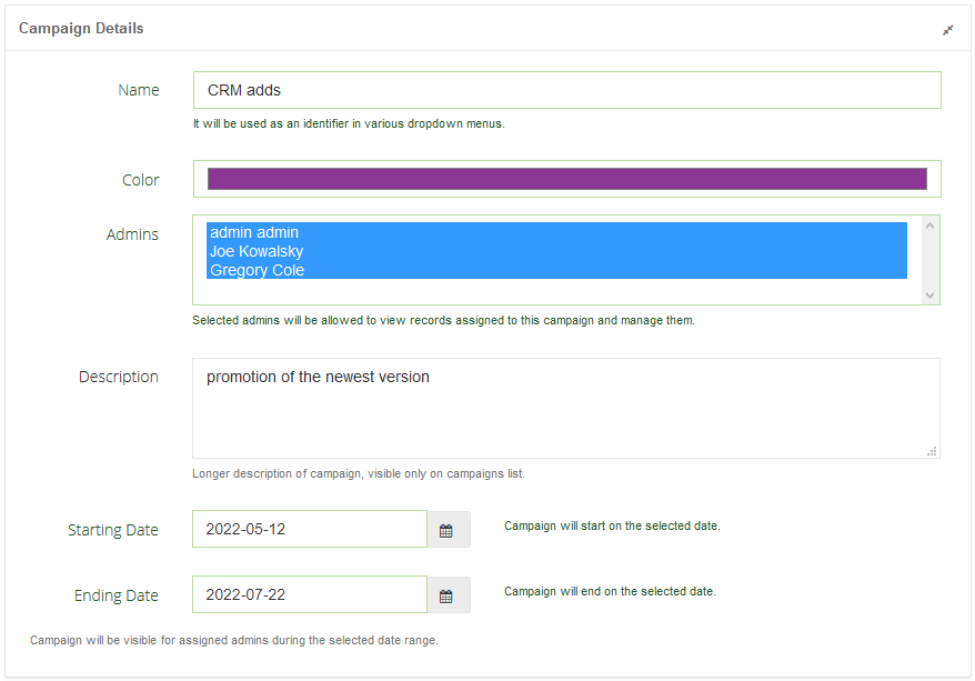 CRM For WHMCS: Campaign Details form with name, color, admins, description, starting and ending date fields