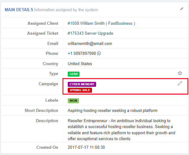 CRM For WHMCS: Main Details widget with the Campaign row highlighted showing assigned campaign labels