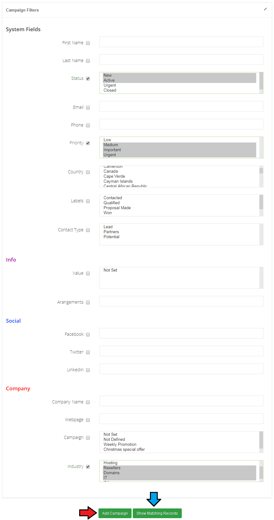 CRM For WHMCS: Campaign Filters form with system fields and the Add Campaign and Show Matching Records buttons