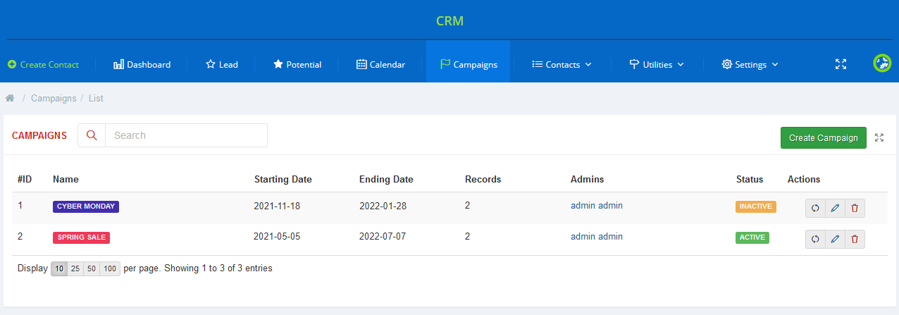 CRM For WHMCS: Campaigns list with the Create Campaign button, campaign names, dates, admins and status
