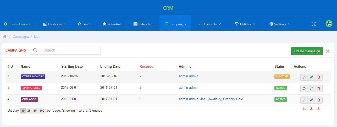 CRM For WHMCS: Campaigns list with numbered action icons to synchronize, edit and delete a campaign