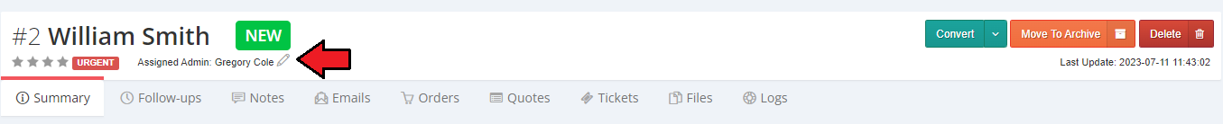 CRM For WHMCS: contact summary header with the pencil icon next to the assigned admin name highlighted