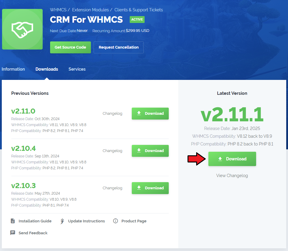 CRM For WHMCS: CRM download button in the Downloads tab of the ModulesGarden client area product page