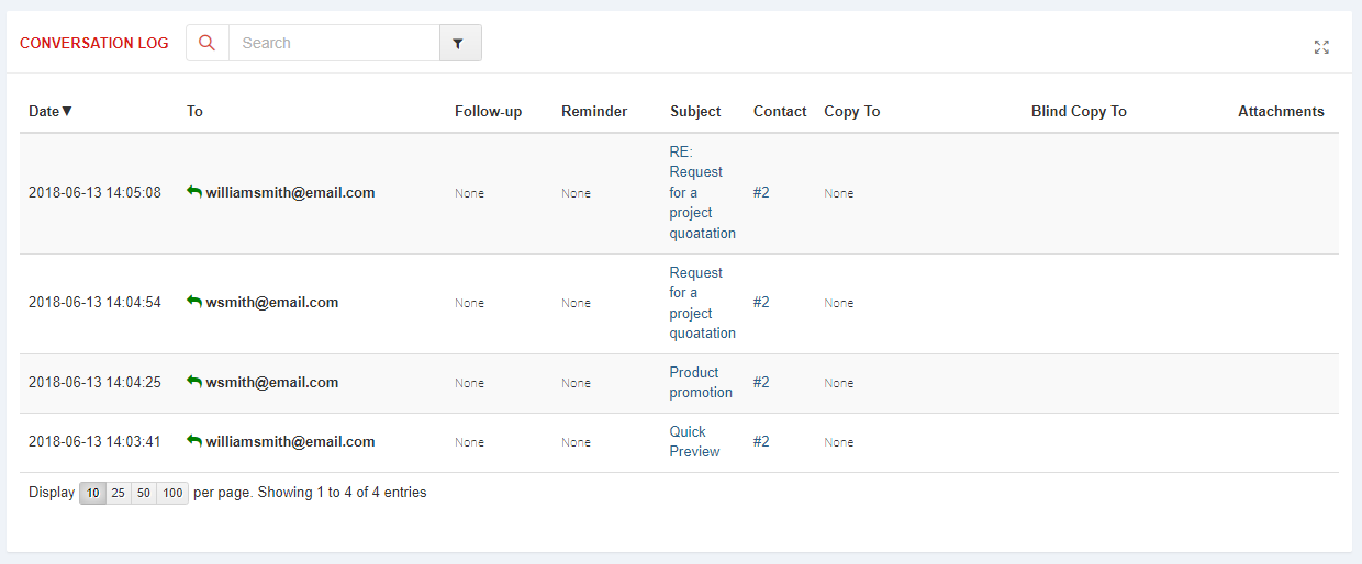 CRM For WHMCS: Conversation log in the contact Emails tab listing sent messages with date, recipient and subject